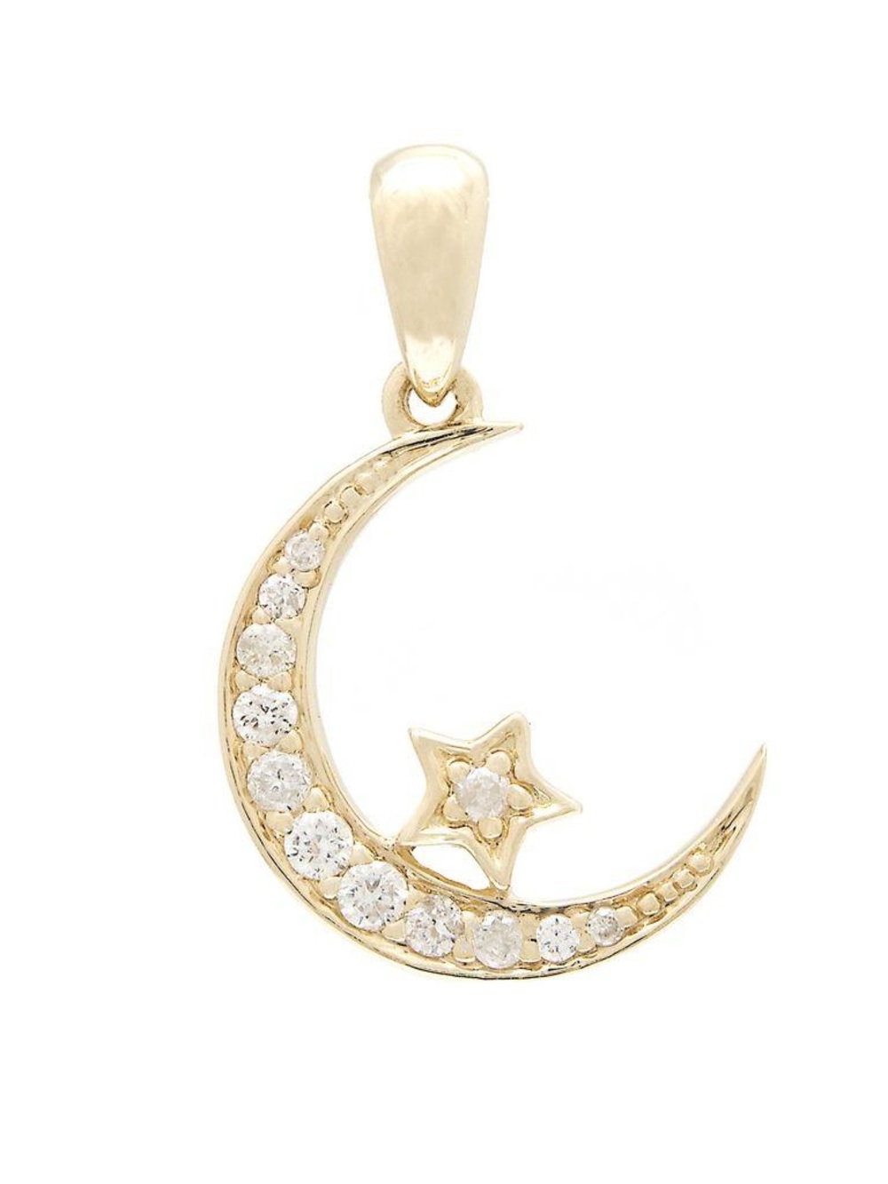 14K Real Solid Yellow Gold Star & Moon Natural Diamond Pendant 0.12ctw 12×20mm